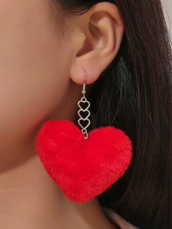 1 Pair Multi-Color Fashion Heart Fuzzy Pom Pom Tassel Red Heart Plush Pendant Earrings, Suitable For Valentine's Day, Mother's Day, Daily Wear For Women Valentines
