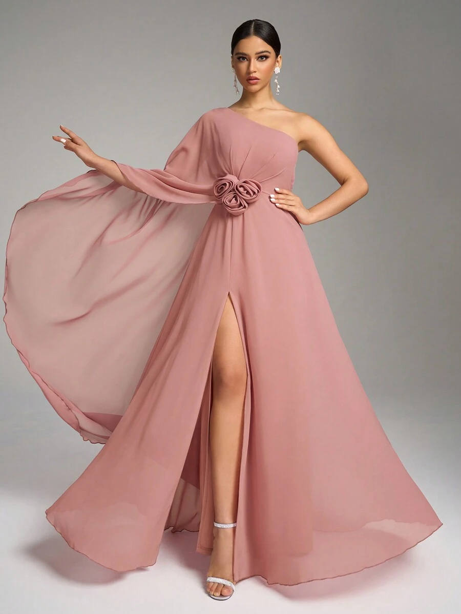 Đầm Maxi Chiffon Xẻ Tà Cổ Bất Đối Xứng Đính Kim Sa, Đầm Phù Dâu