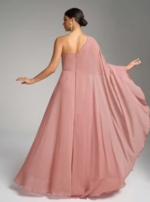 Đầm Maxi Chiffon Xẻ Tà Cổ Bất Đối Xứng Đính Kim Sa, Đầm Phù Dâu - Bụi hồng - Xem 3