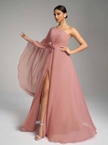 Đầm Maxi Chiffon Xẻ Tà Cổ Bất Đối Xứng Đính Kim Sa, Đầm Phù Dâu - Bụi hồng - Xem 4