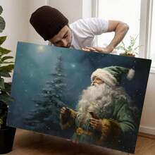 Vintage Santa Canvas Poster, Snowy Art, Modern Art Decor, Cartoon Santa In Green, Wall Art For Living Room, Bedroom, Office, Kitchen, Bathroom - Framed - View 2