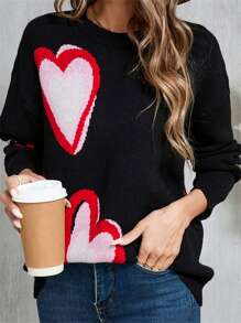 Women's Heart Print Sweaters Long Sleeve Round Neck Oversized Pullover Spring Fall Tops