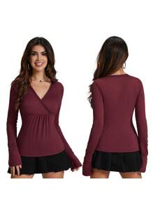 Women's Spring Slim Fit Tops Solid Color Long Sleeve Wrap V-Neck T-Shirt Streetwear - Đỏ - Xem 3