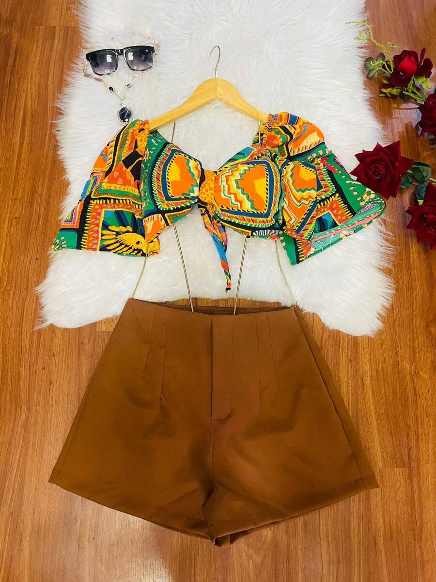 Belala Moda One Size Shirt Set That Ties At The Back With Elastane And Print, Shorts With Zipper And No Pocket - màu nâu - Xem 1