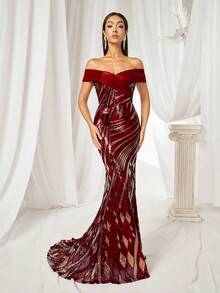Luxurious Party Evening Dress, Women's Off Shoulder Slit Trailing Sequin Gown, Elegant - Red - View 7
