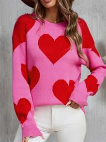 Women's Cute Heart Print Sweaters Long Sleeve Round Neck Loose Pullover Spring Fall Tops - Pink - View 5