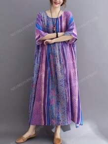 Plus Size Light Dress,2025 Summer Elegant Women's Dress, Plus-Size Women's Dress, Traditional Dress, Purple Striped Print Sleeved Round Neck Swing Dress, Summer Casual Holiday Style Everyday Wear,