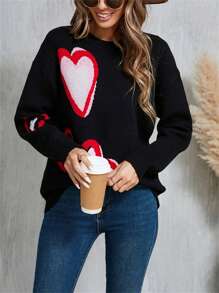 Women's Heart Print Sweaters Long Sleeve Round Neck Oversized Pullover Spring Fall Tops