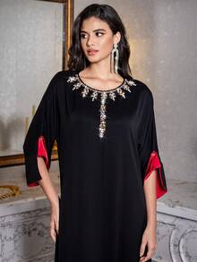 Long Arabic Style Evening Dress With Beaded Embellishments, Black Nida Crepe, Handmade Cuffed Sleeves, Suitable For Home Party, Festivals,Modest