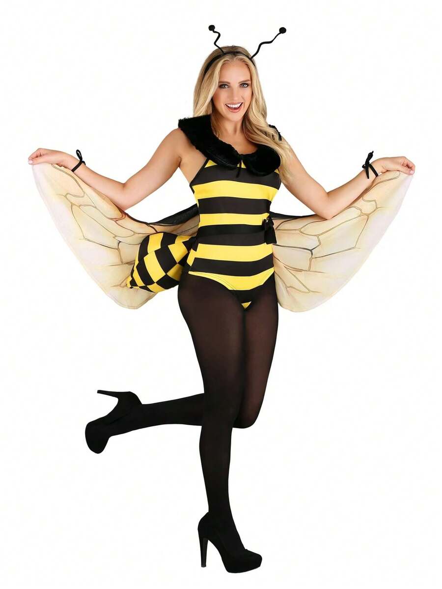 4-Piece Carnival Party Performance Costume, Christmas Theme, Suitable For Various Holiday Role Play Adult Party Outfit, With Bee Wings, Cosplay Costume - Multicolor - View 1