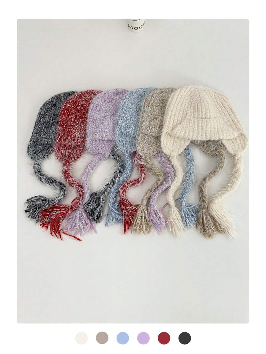 女士针织护耳帽，秋冬保暖耳罩飞行员帽，滑雪面罩，加厚大号头围新款针织帽，多功能保暖针织帽，防风滑雪面罩帽 - 彩色 - 查看 1