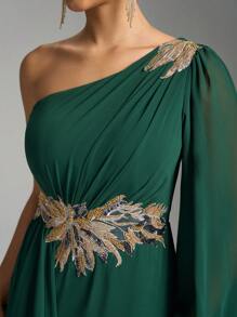 SUPGIR Asymmetric Shoulder Design Long Sleeve Sequin Embroidered Gathers Slit Elegant Dress, Bridesmaid Dress