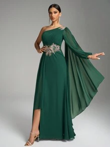 SUPGIR Asymmetric Shoulder Design Long Sleeve Sequin Embroidered Gathers Slit Elegant Dress, Bridesmaid Dress