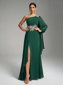 SUPGIR Asymmetric Shoulder Design Long Sleeve Sequin Embroidered Gathers Slit Elegant Dress, Bridesmaid Dress