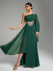 SUPGIR Asymmetric Shoulder Design Long Sleeve Sequin Embroidered Gathers Slit Elegant Dress, Bridesmaid Dress