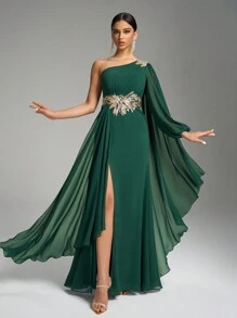 SUPGIR Asymmetric Shoulder Design Long Sleeve Sequin Embroidered Gathers Slit Elegant Dress, Bridesmaid Dress
