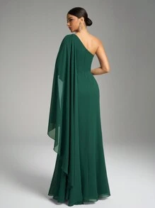 SUPGIR Asymmetric Shoulder Design Long Sleeve Sequin Embroidered Gathers Slit Elegant Dress, Bridesmaid Dress