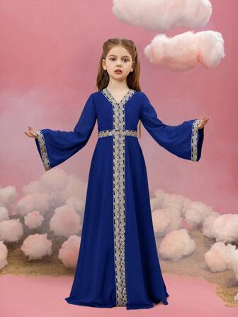 Tween Girl Flare Sleeve Patchwork Band & Chiffong Festklänning, V-ringad Långärmad Color Block Stickad Klänning med Spetsdekoration