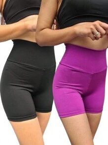 Kit 2 Shorts Mid-Thigh Gym Leggings Crossfit Running Yoga - 紫色 - 查看 2