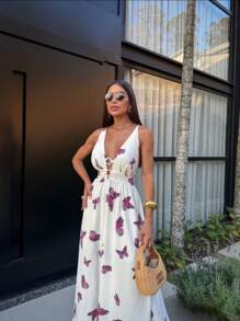 Dress With Double Hoop Detail With Butterfly And Leaf Print, Deep V-Neck, Thin Straps, Backless Crossover Dress - 紫色 - 查看 2