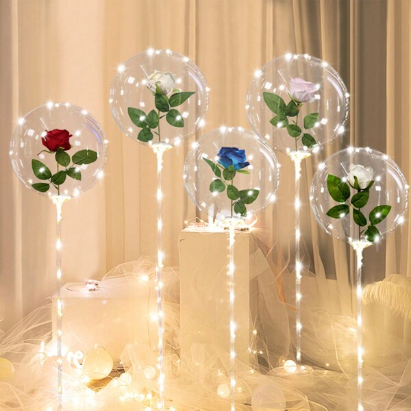 5/1pc LED Light String Glowing Bubble Balloons (Without Battery) Rose Bouquet Balloon With Stick, Suitable For Weddings, Anniversary, Birthday Party Decoration, Bridal Shower, Proposal, Engagement, Valentine's Day Romantic Setting (Multiple Colors Available)