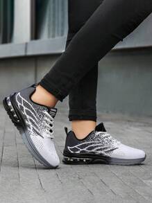 Stylish Lace-Up Sneakers - Fashion Sneakers With Breathable Knitted Upper, Lightweight And Casual Design, Ideal For Low-Top Sports, Running, And Outdoor Activities - 黑與白 - 查看 3