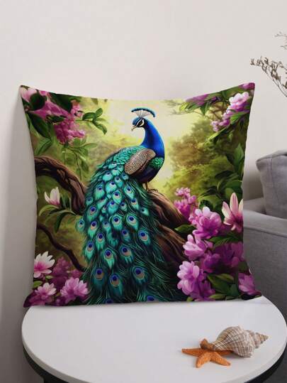 1件孔雀图案装饰枕套，现代布艺绒面印花靠垫套，适用于沙发、客厅、家居装饰（不含枕芯）