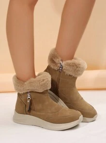 Women's Casual Comfortable Snow Boots, Round Toe Lace-Up Side Zipper, Lightweight Flat Leather Short Boots, Short Shaft Boots, Versatile For Down Jacket, Dress, Winter New Blue Boots, Warm Thickened Plush Lining Comfortable Snow Boots - Brown - View 3