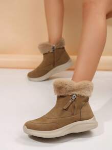 Women's Casual Comfortable Snow Boots, Round Toe Lace-Up Side Zipper, Lightweight Flat Leather Short Boots, Short Shaft Boots, Versatile For Down Jacket, Dress, Winter New Blue Boots, Warm Thickened Plush Lining Comfortable Snow Boots - Brown - View 4