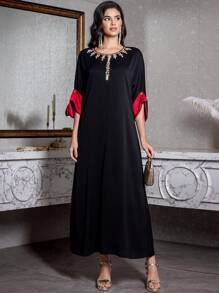 Long Arabic Style Evening Dress With Beaded Embellishments, Black Nida Crepe, Handmade Cuffed Sleeves, Suitable For Home Party, Festivals,Modest