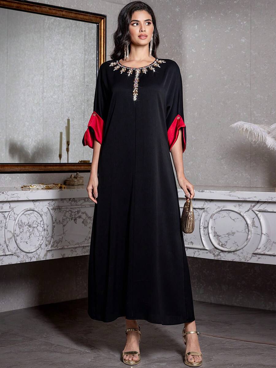 Long Arabic Style Evening Dress With Beaded Embellishments, Black Nida Crepe, Handmade Cuffed Sleeves, Suitable For Home Party, Festivals,Modest