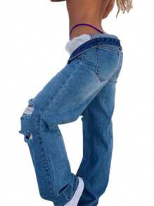 Women's Jeans, All-Match High Waist Loose Ripped Pants For Party Vacation Dating Travelling Shopping - Blue - View 4
