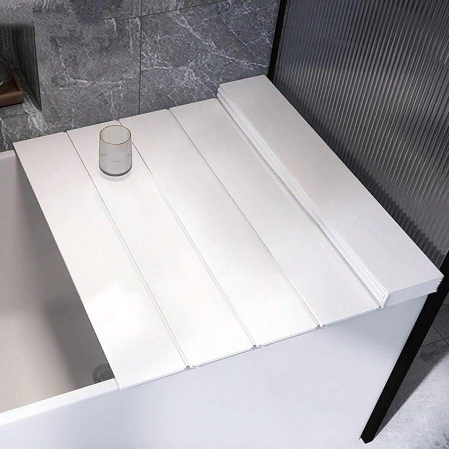 Bathtub Tray, Foldable Anti-Dust Bathtub Cover Bath Insulation Cover, PVC Shutter Bath Lid Fit Most Tubs, Can Store Wine Glass, Books, Tablets, Cellphones - White - View 1