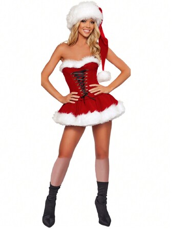 2pcs Women's Red & White Christmas Hat & Dress Set, Christmas Costume For Stage Performance