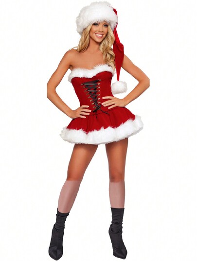 2pcs Women's Red & White Christmas Hat & Dress Set, Christmas Costume For Stage Performance