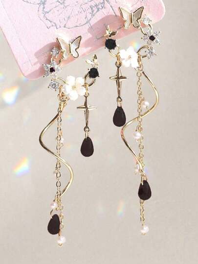 1 Pair Elegant Black Butterfly & Tassel Dangle Earrings, Versatile For Daily Wear