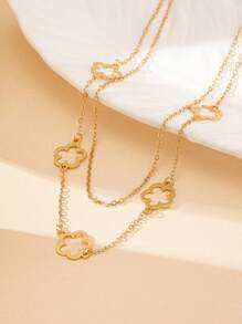 1pc Hollow Rhinestone Clover Pendant Necklace, Vintage Elegant Style For Women - Yellow Gold - View 5