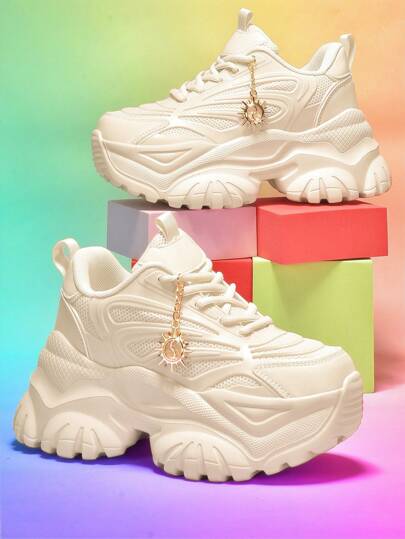 Women Fashion Casual Sneakers With Sunflower Metal Decor Pendant, Thick Sole High-Top Platform White High Heel Shoes, Lightweight Shock-Absorbing Breathable Summer Mesh Lace-Up Round Toe Sneakers, Suitable For Everyday, Dating, Fitness, Work Office, Anti-Slip, 7CM Height Increase