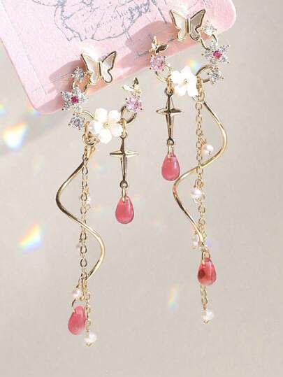 1pair Fairy Pink Butterfly Long Tassel Earrings, Versatile For Everyday Wear