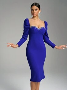 Fuaheng 甜心领泡泡袖水钻装饰紧身派对礼服，腰部有缝，婚礼宾客鸡尾酒会礼服