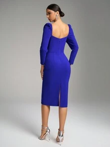 Fuaheng 甜心领泡泡袖水钻装饰紧身派对礼服，腰部有缝，婚礼宾客鸡尾酒会礼服