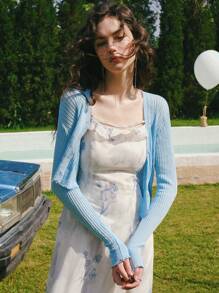 V-Neck Retro Hong Kong Style Flare Sleeve Fitted Knitted Top - Blue - View 3