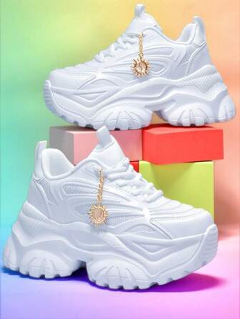 Women's Fashion Casual Athletic Shoes With Sunflower Metal Decoration Charms, Outdoor Thick Sole High Platform White High Heel Shoes, Summer Breathable Quick-Dry Knitted Mesh Sandals, Round Toe Casual Lace-Up Sneakers For Students, Teens, Daily Wear, Work, Fitness, Non-Slip, Shock-Absorbing, 7CM Height Increase, Platform Sneakers