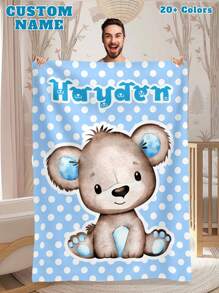 1pc Custom Flannel Name Blanket For Bed,Personalized Gift, Good Christmas Gifts,Personalized Blankets,Bedding Blanket,Gifts For Kids,Teddy Bear Doll Pattern Custom Name Blanket, Personalized Blanket With Kids Name