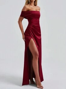 Off-Shoulder High Slit Pleated Design Formal Dress, Party Dress, Wedding Guest Dress, Prom Dress, Elegant - Burgundy - View 4
