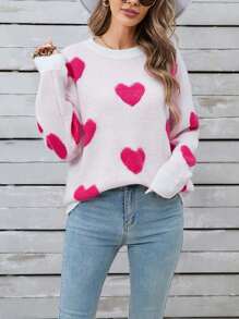 Women's Autumn Winter Knit Sweater Long Sleeve Crewneck Heart Print Casual Knitwear