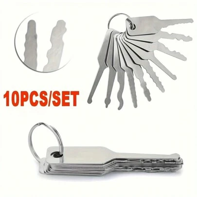 10pcs Stainless Steel Universal Key Set, Multi-Shaped, Suitable For Various Locks, Emergency Opening, Men's Tool