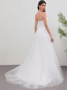 性感无肩带长款网纱婚纱，饰有贴花细节和拉链，适合情人节穿着。 - 白色 - 查看 4