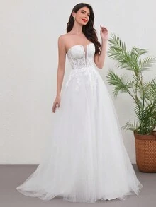 性感无肩带长款网纱婚纱，饰有贴花细节和拉链，适合情人节穿着。 - 白色 - 查看 6