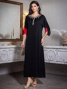 Long Arabic Style Evening Dress With Beaded Embellishments, Black Nida Crepe, Handmade Cuffed Sleeves, Suitable For Home Party, Festivals,Modest